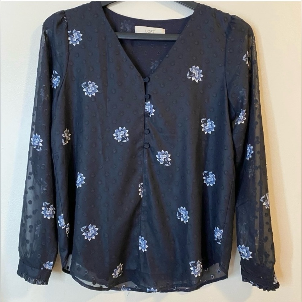 LOFT Navy Blue Sheer V-neck long sleeve Blouse with Light Blue Floral Pattern - Picture 1 of 8